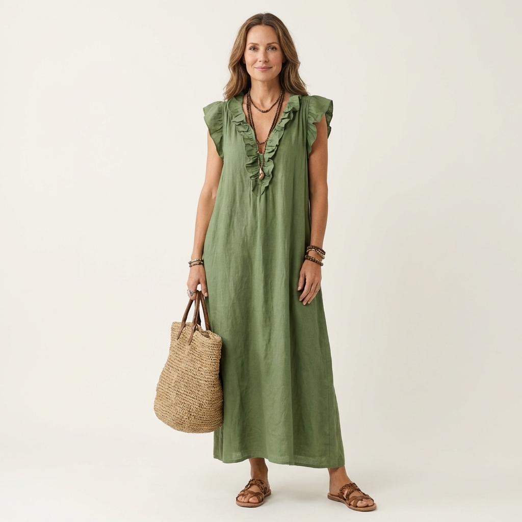 AVA JOLENE | Ruffle V-Neck Midi Dress For Women