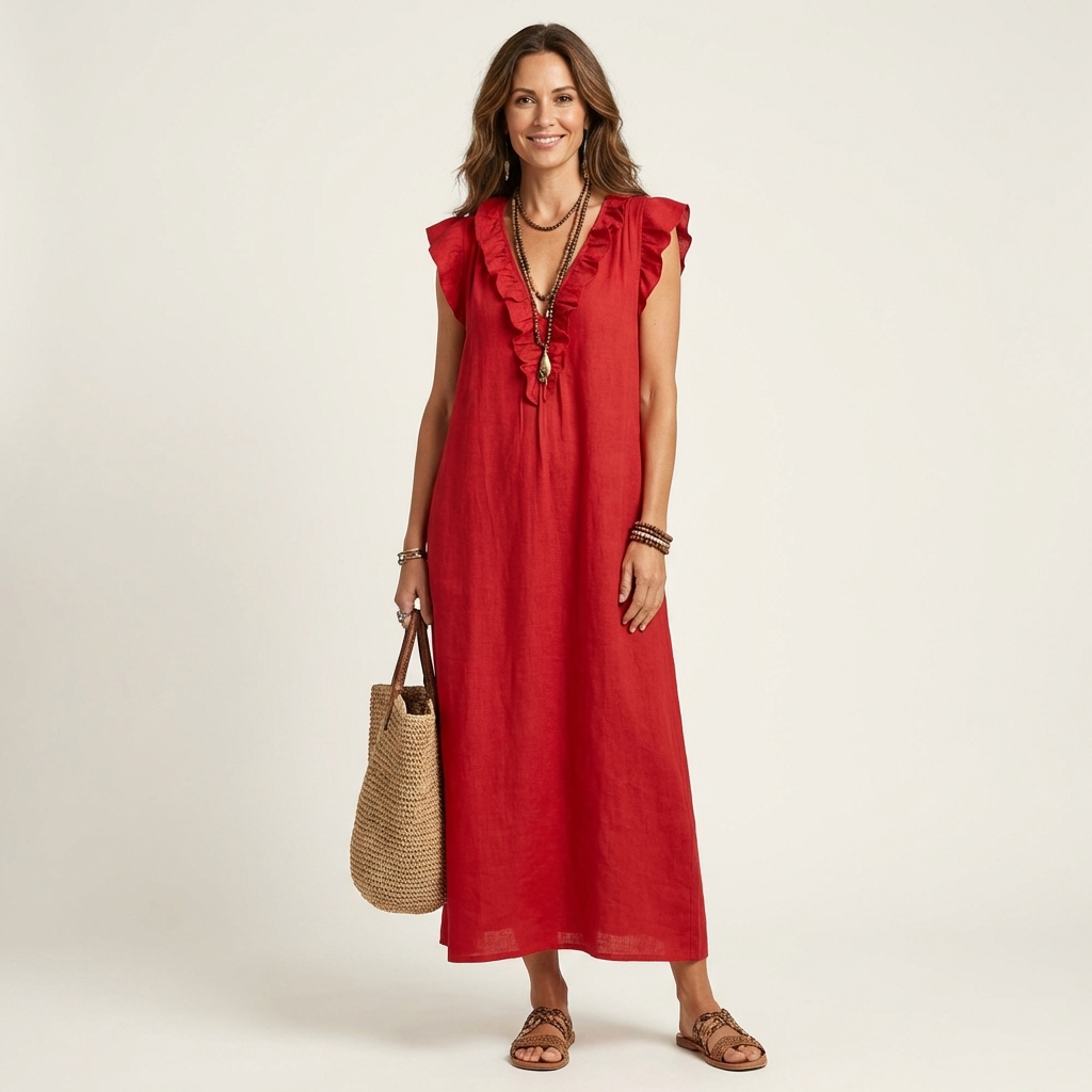 AVA JOLENE | Ruffle V-Neck Midi Dress For Women