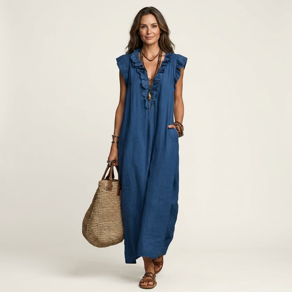 AVA JOLENE | Ruffle V-Neck Midi Dress For Women