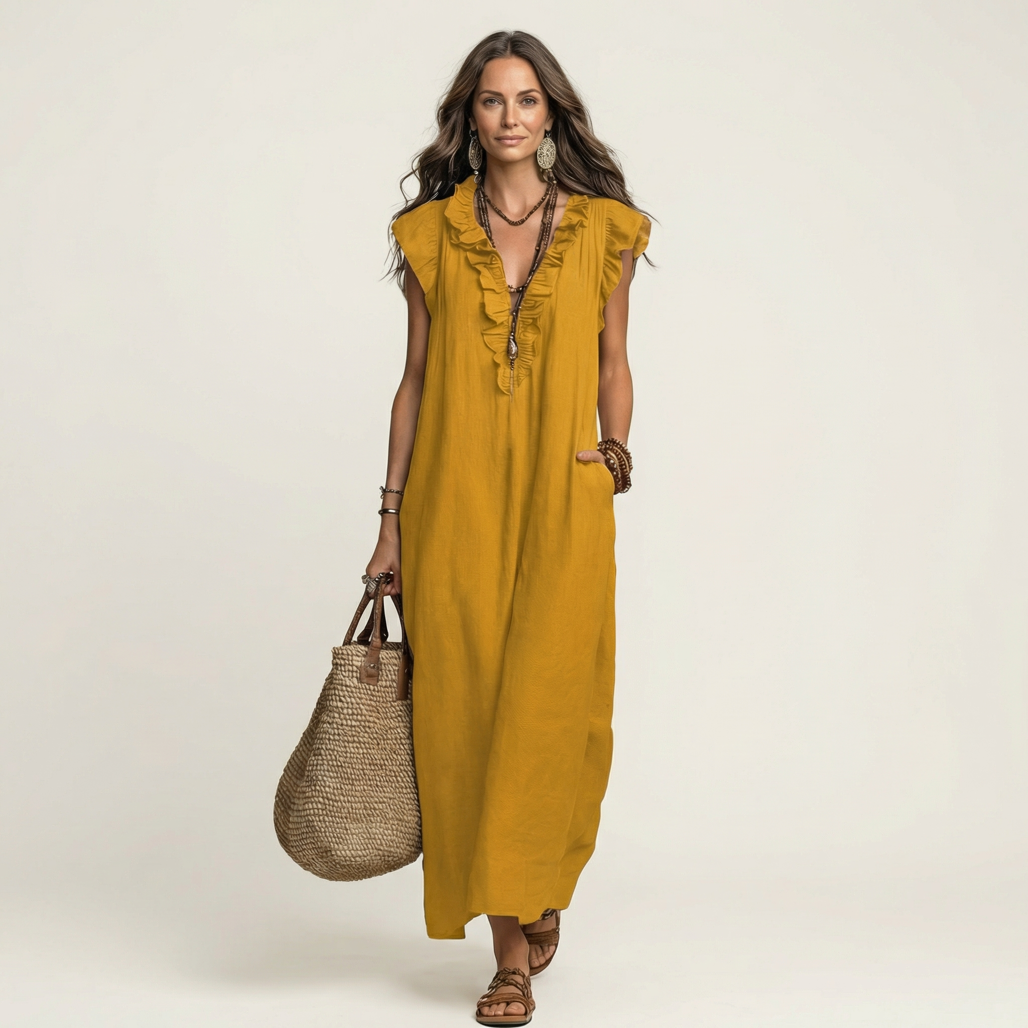 AVA JOLENE | Ruffle V-Neck Midi Dress For Women