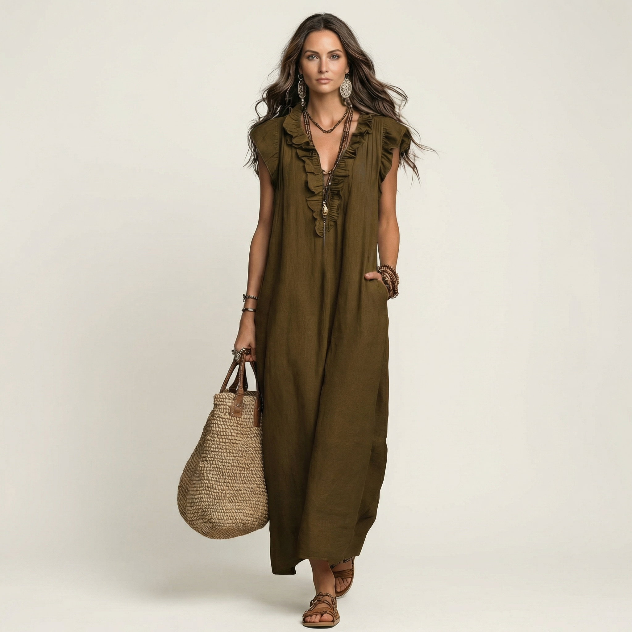 AVA JOLENE | Ruffle V-Neck Midi Dress For Women