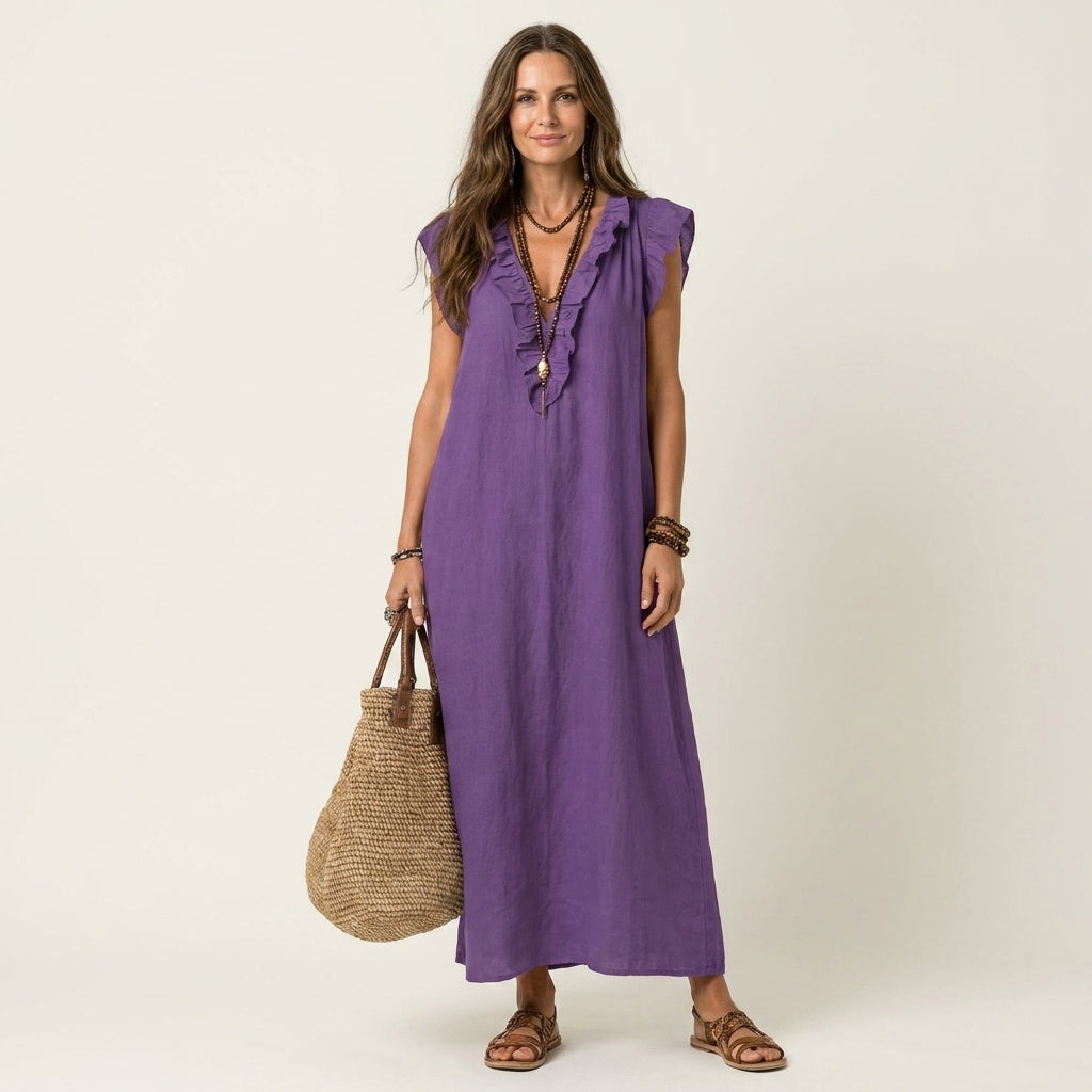 AVA JOLENE | Ruffle V-Neck Midi Dress For Women