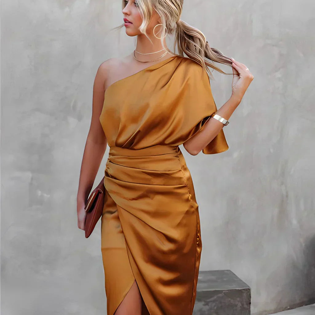 AVA JOLENE | ONE SHOULDER DRAPED MIDI DRESS FOR WOMEN