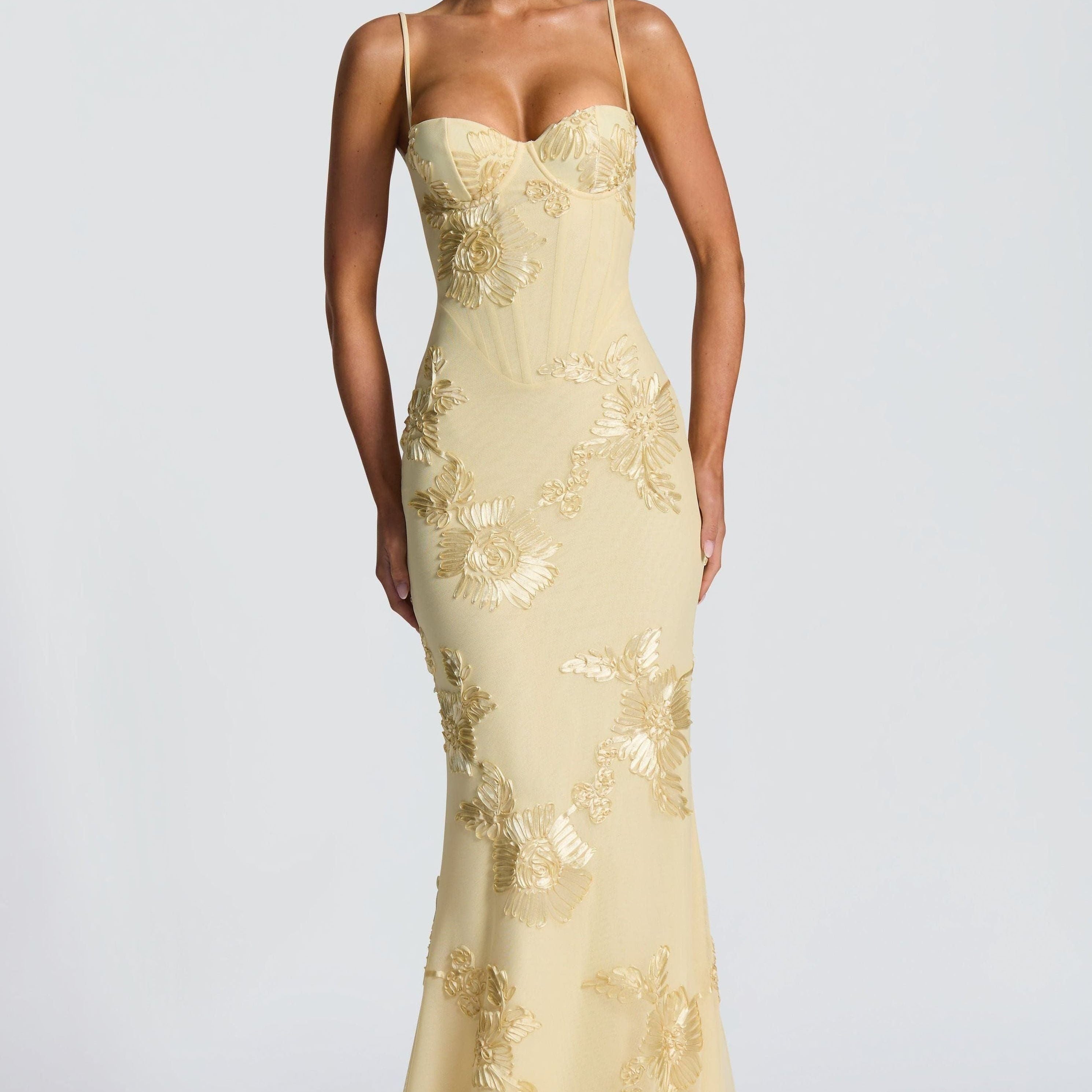 AVA JOLENE | FLORAL APPLIQUE SWEETHEART CORSET MAXI DRESS FOR WOMEN