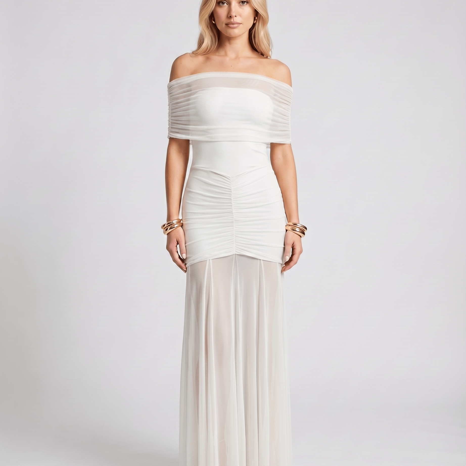 AVA JOLENE | OFF SHOULDER RUCHED SHEER MAXI DRESS FOR WOMEN
