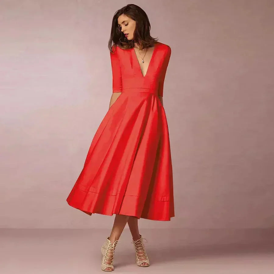 AVA JOLENE | V NECK FLARED MIDI DRESS FOR WOMEN