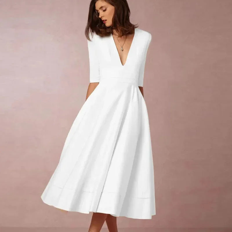 AVA JOLENE | V NECK FLARED MIDI DRESS FOR WOMEN