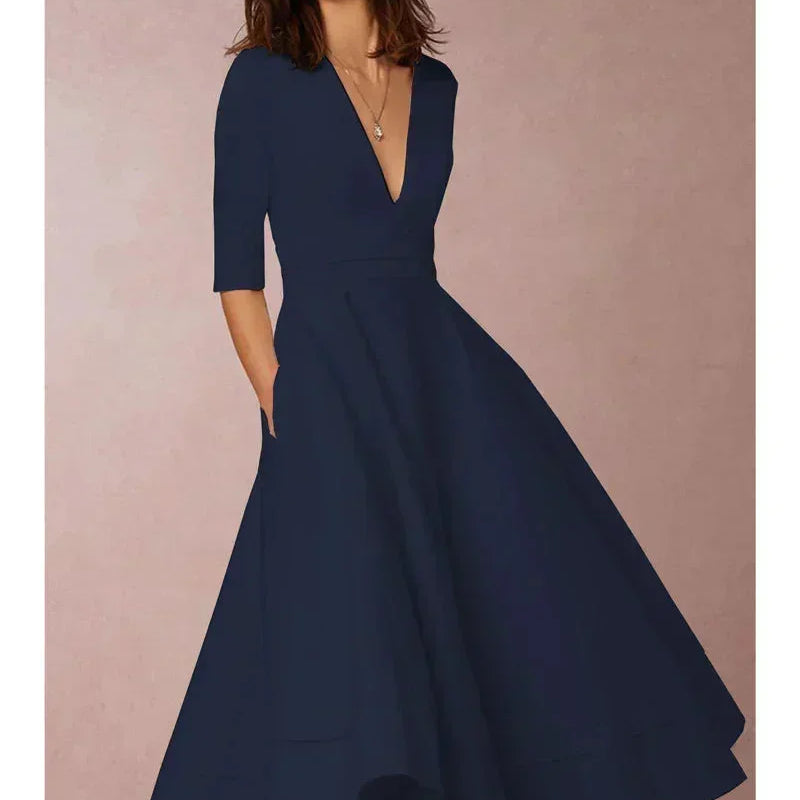 AVA JOLENE | V NECK FLARED MIDI DRESS FOR WOMEN