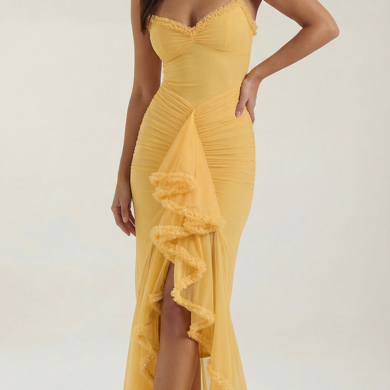 AVA JOLENE | RUFFLE HIGH LOW EVENING DRESS FOR WOMEN