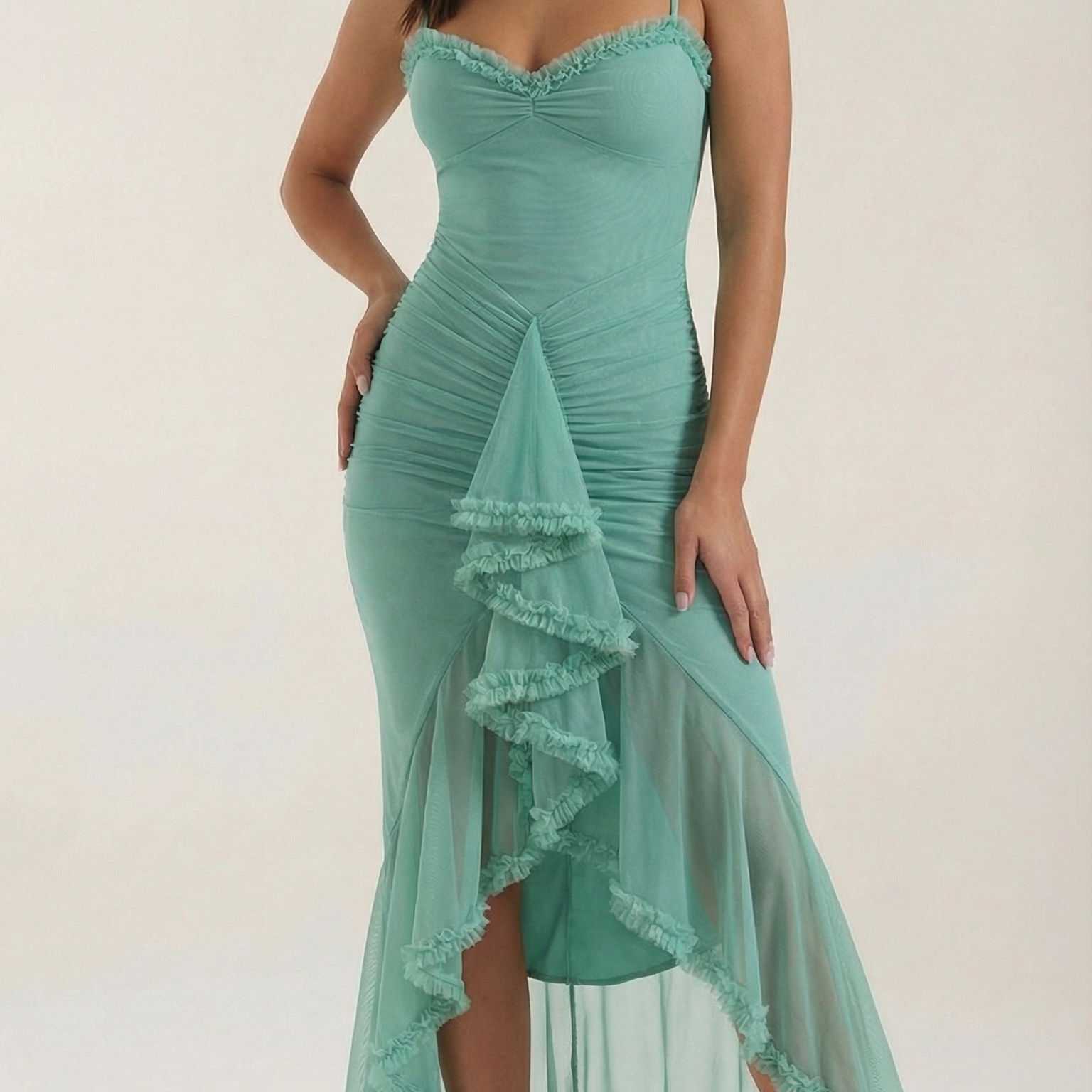 AVA JOLENE | RUFFLE HIGH LOW EVENING DRESS FOR WOMEN